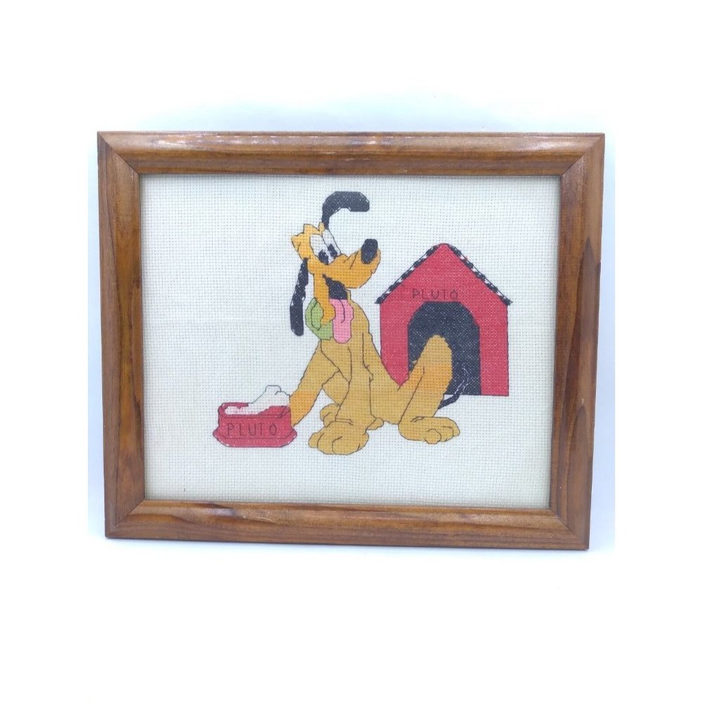 Vtg Complete framed Mickey Pluto doghouse Disney Counted Cross Stitch artwork